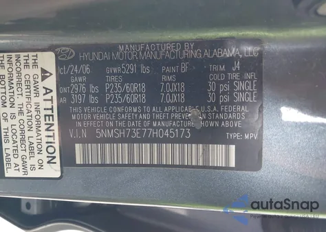 2007 Hyundai Santa Fe Limited/Se из США, поврежденный, VIN 5NMSH73E77H045173